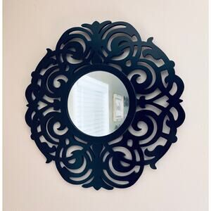 Decorative Black Wood Scroll Wall Mirror 20” diameter